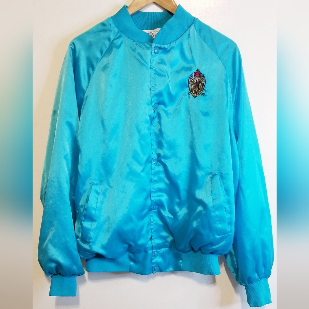Vintage West Ark Made In Usa Blue Satin Embroidered Bomber Jacket